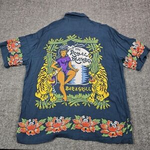 Vintage Mambo Loud Shirt Mens Large Blue Royal Mambo Bar Grill Hawaiian Tiki 90s